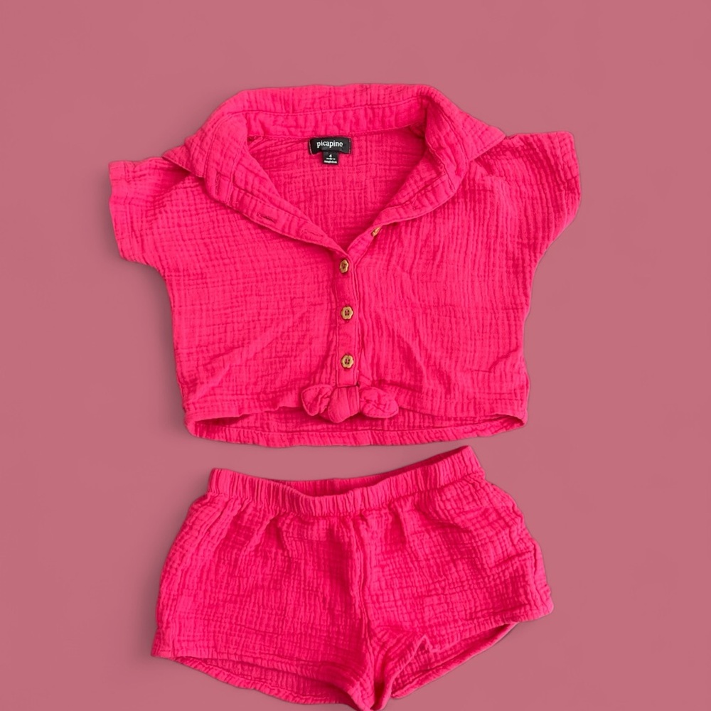 Vigoss Fuchsia Button-Up Crop Top and Shorts